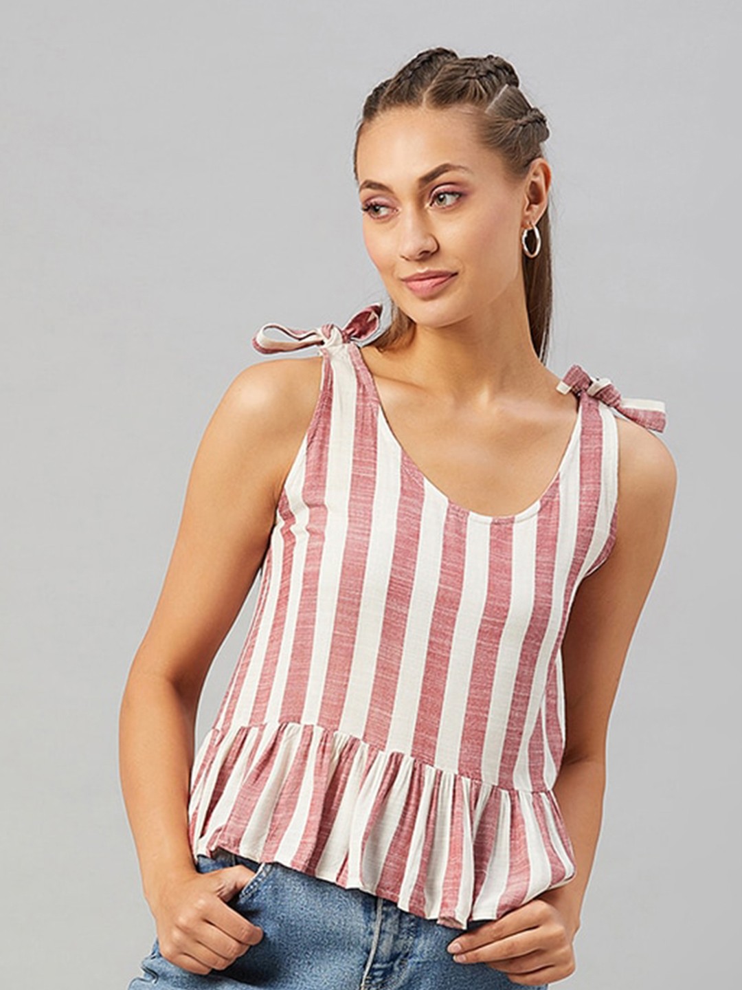 

CHIMPAAANZEE Red & White Striped Peplum Top