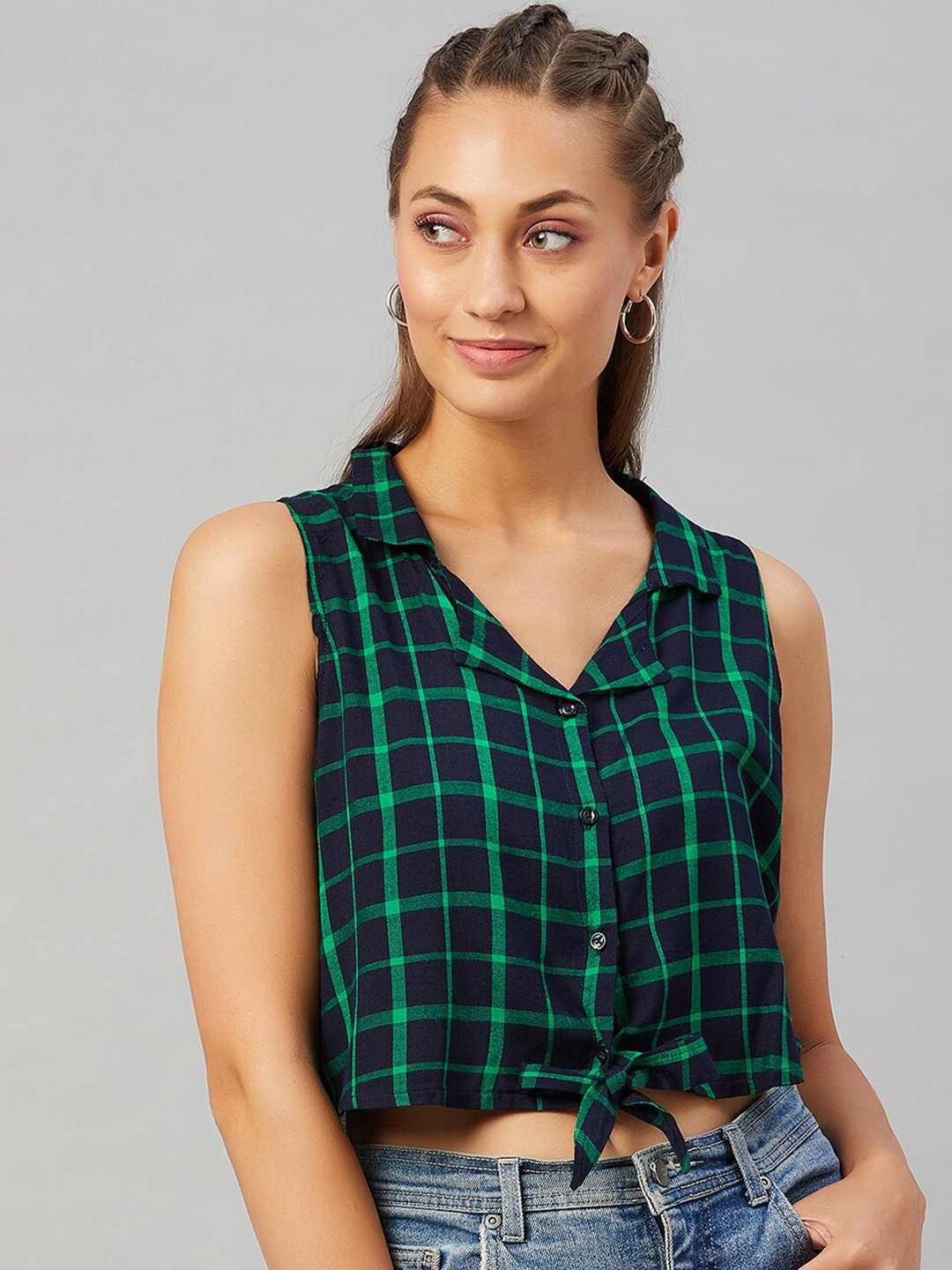 

CHIMPAAANZEE Navy Blue & Green Checked Shirt Style Crop Top