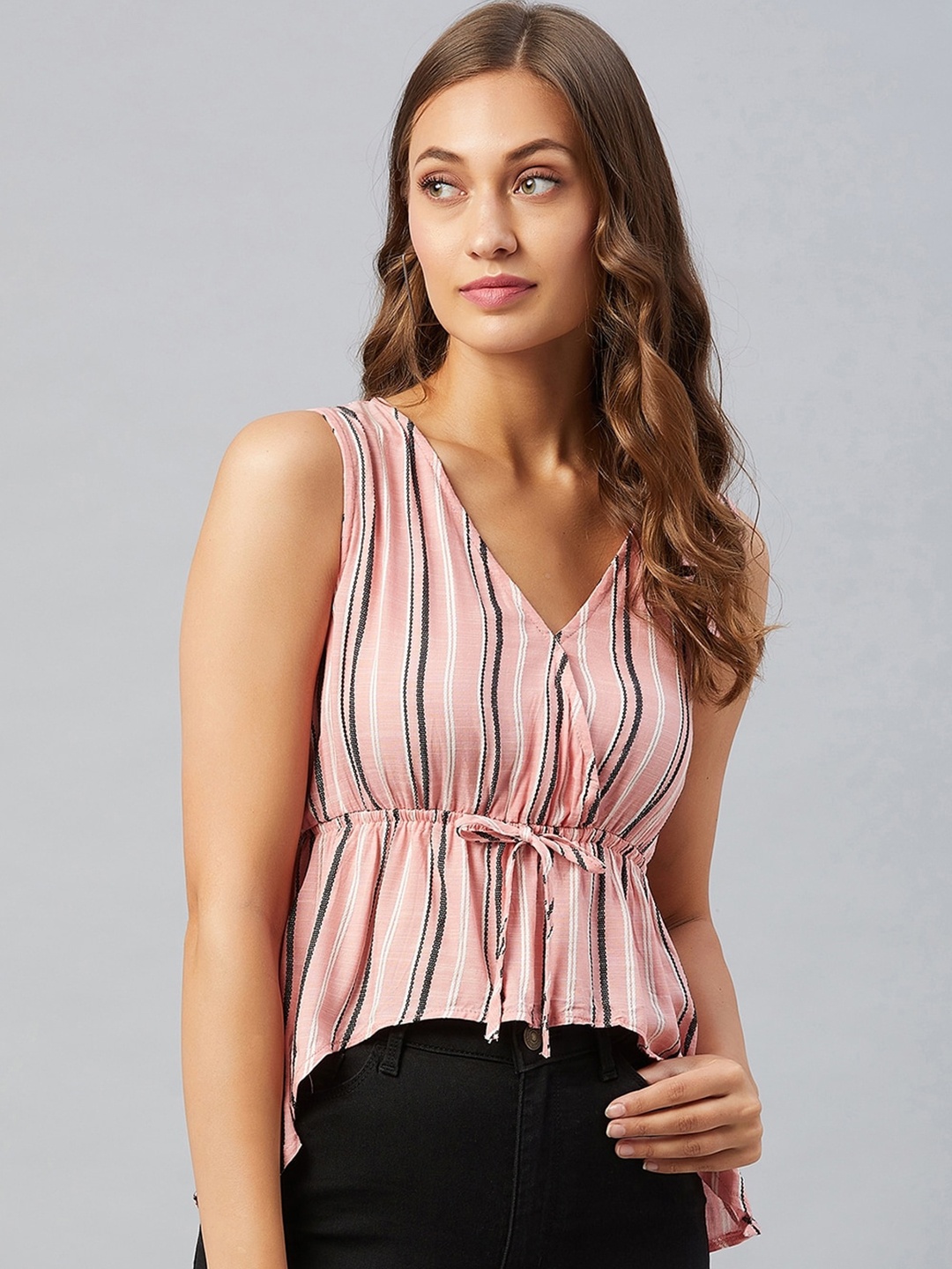 

CHIMPAAANZEE Women Pink Striped Cinched Waist Top