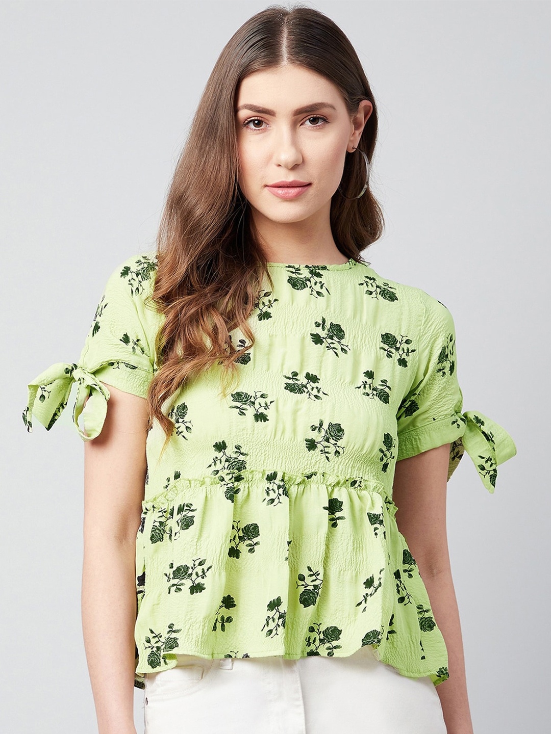 

CHIMPAAANZEE Lime Green Floral Print Cinched Waist Top