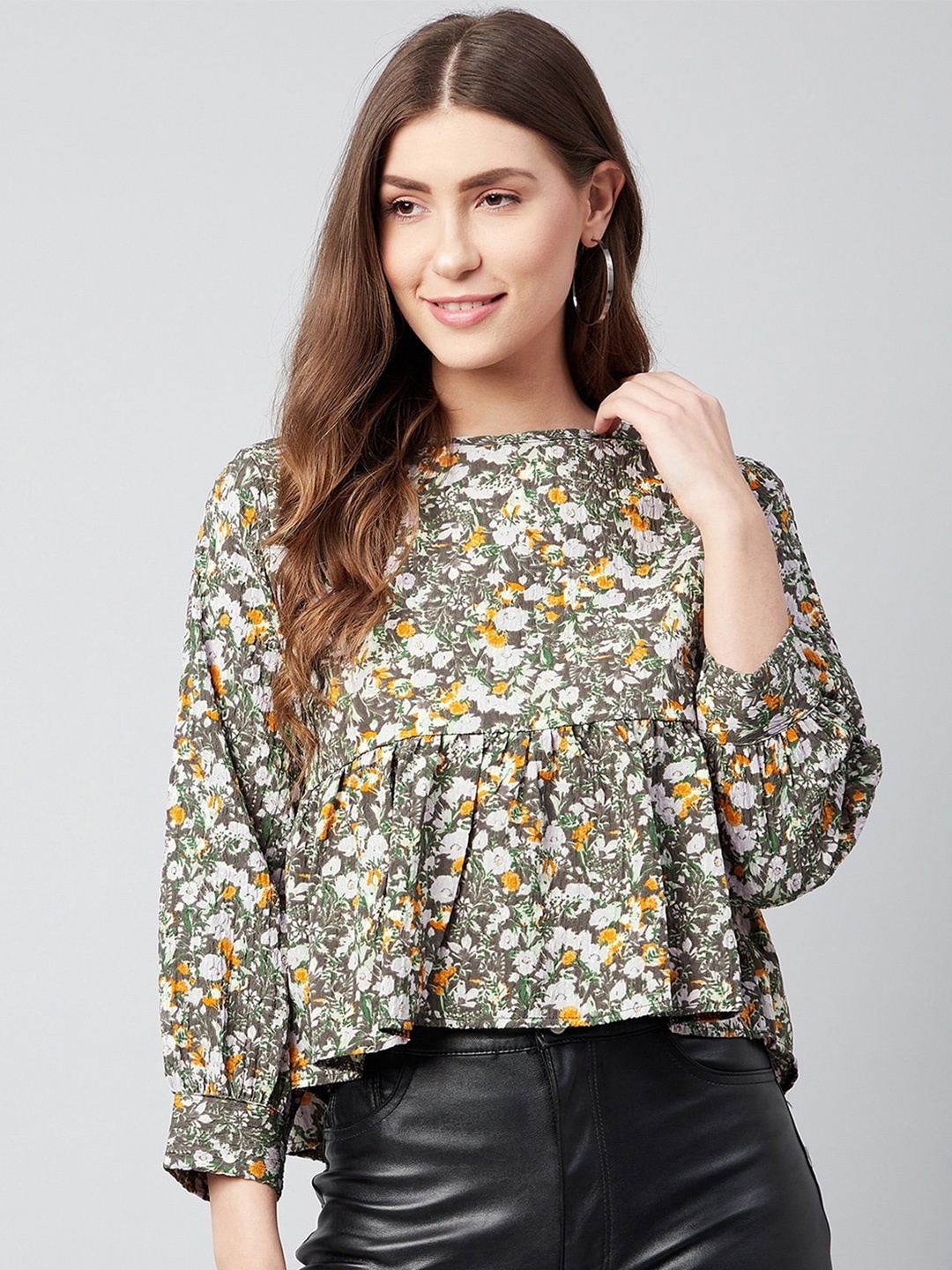 

CHIMPAAANZEE Green & Yellow Floral Printed Peplum Top