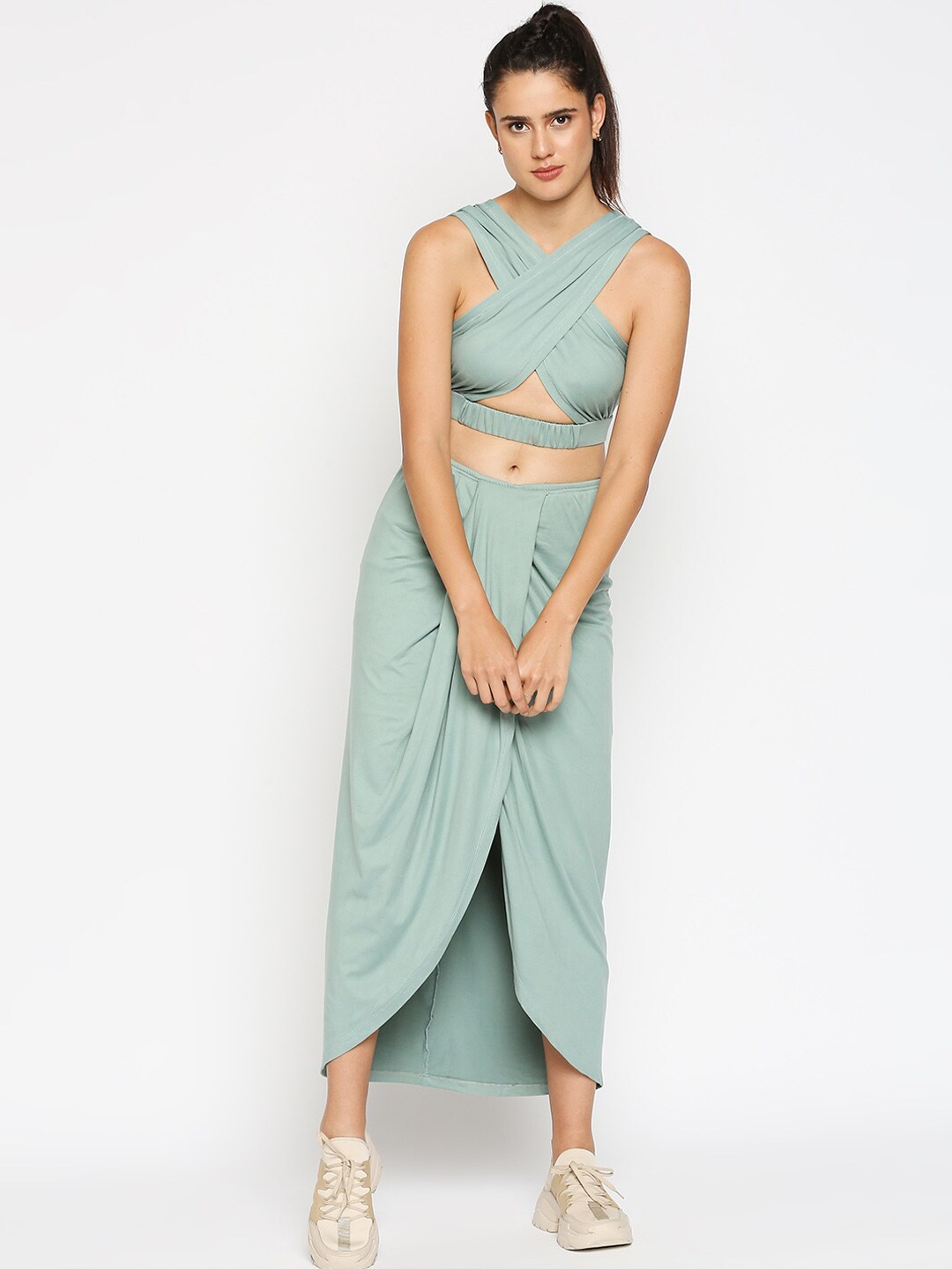 

Disrupt Women Sage Green Criss Cross Tank Crop Top with Skit