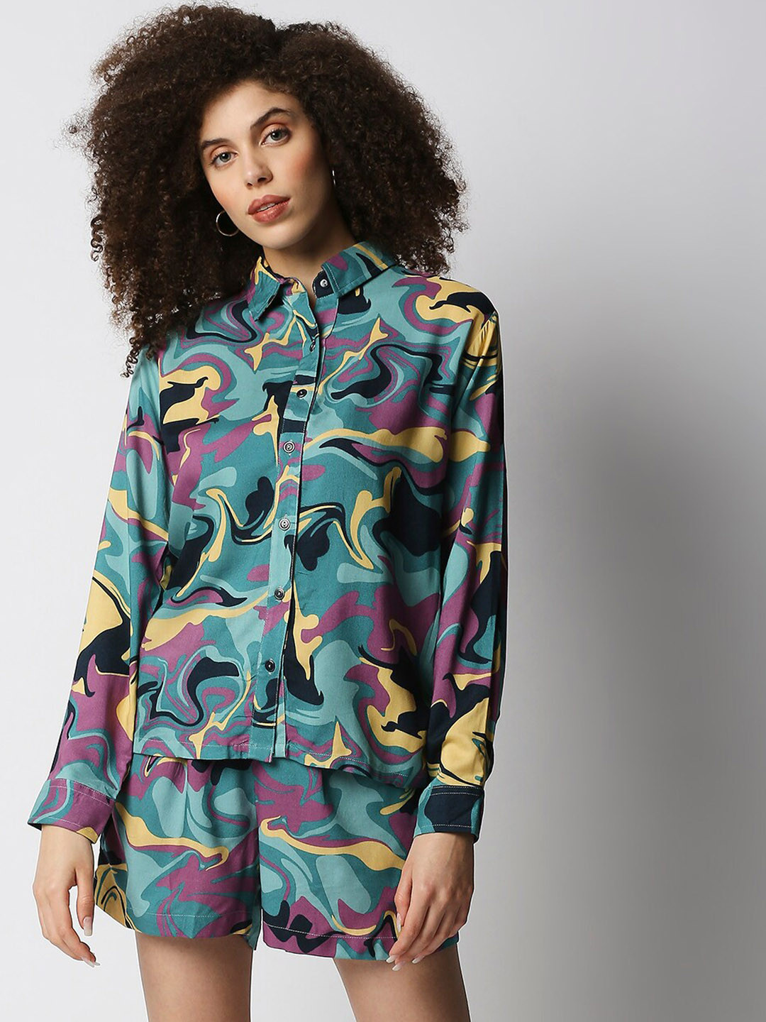 

Disrupt Women Teal Green Camouflage Printed Shirt With Shorts