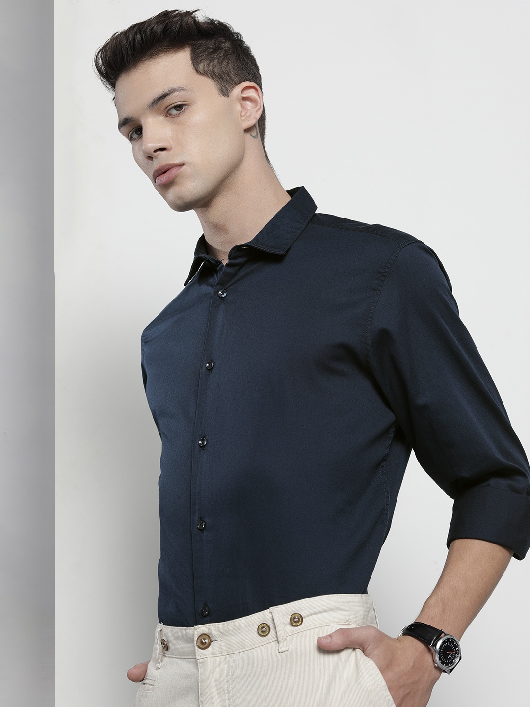 

The Indian Garage Co Men Navy Blue Solid Comfort Casual Shirt