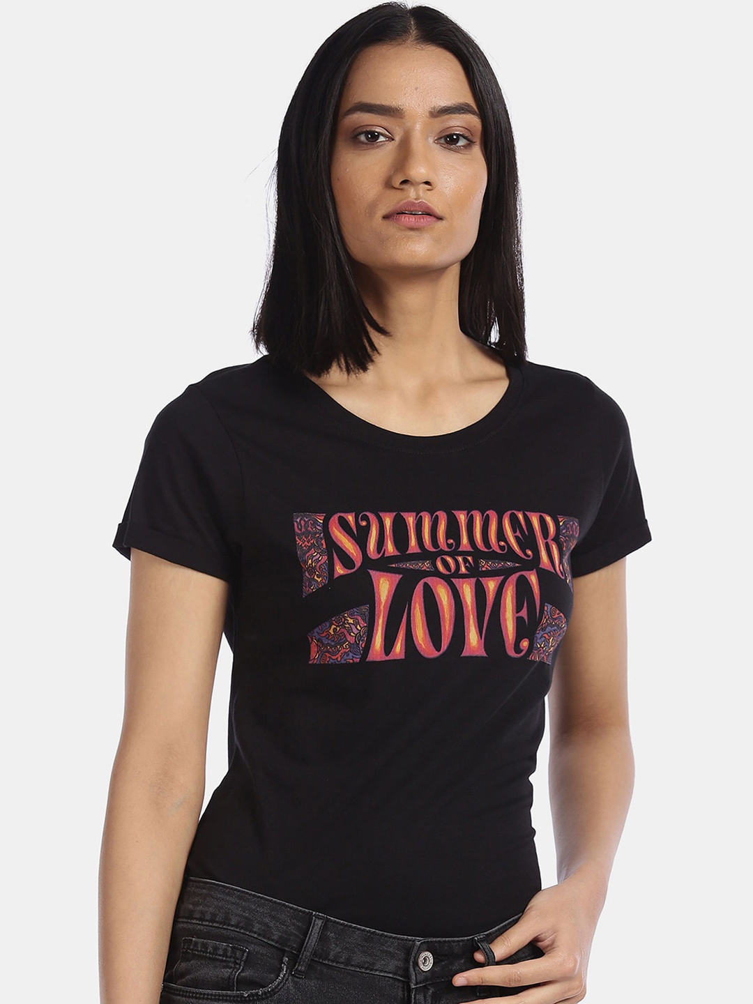 

Sugr Women Black Typography Printed Cotton T-shirt