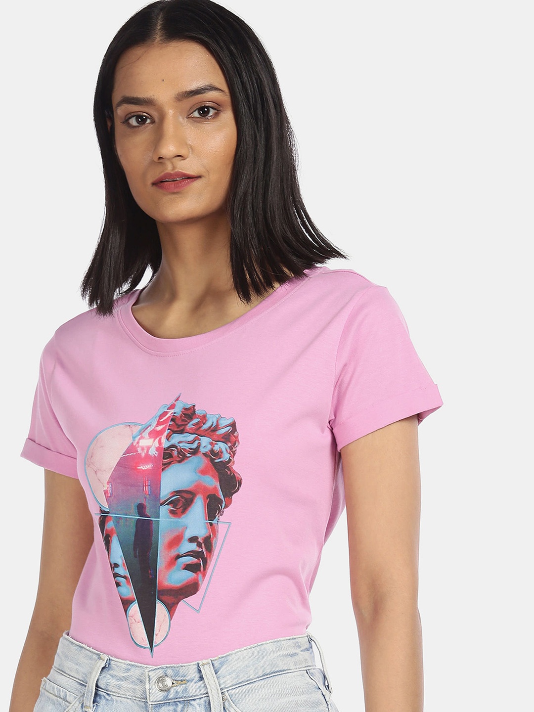 

Sugr Women Pink Printed Pure Cotton T-shirt