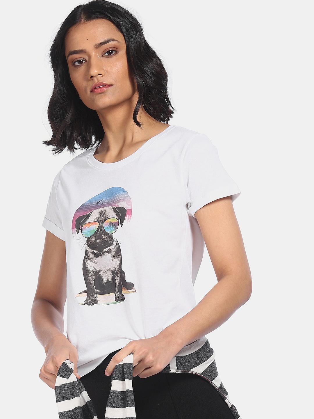 

Sugr Women White & Black Printed Cotton T-shirt