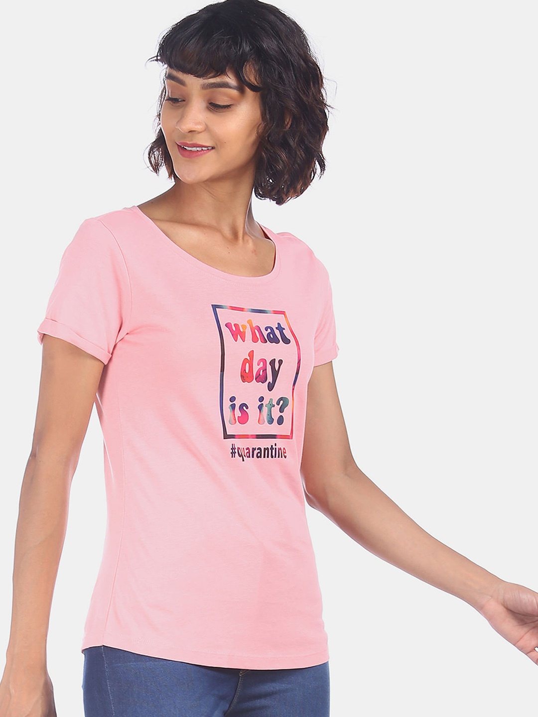 

Sugr Women Pink Typography Printed Cotton T-shirt