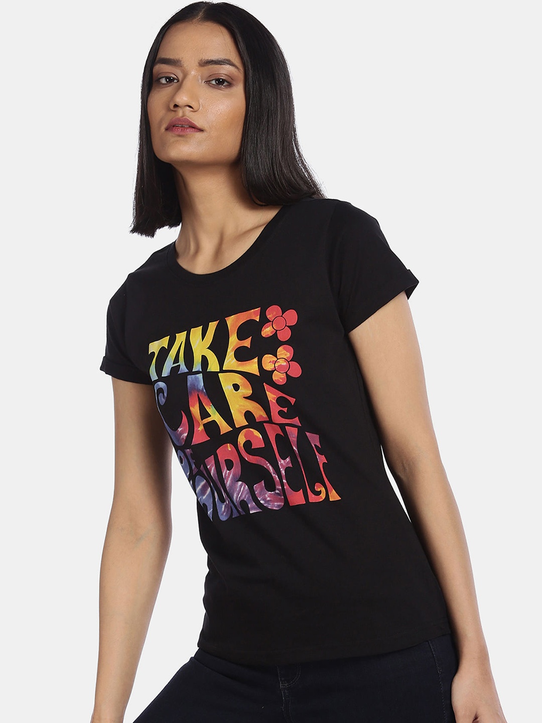 

Sugr Women Black & Yellow Typography Printed T-shirt