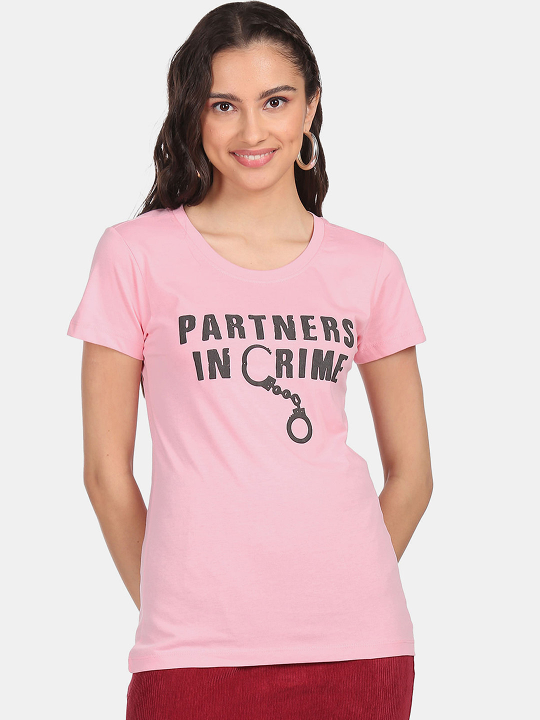 

Sugr Women Pink Typography Printed Pure Cotton T-shirt