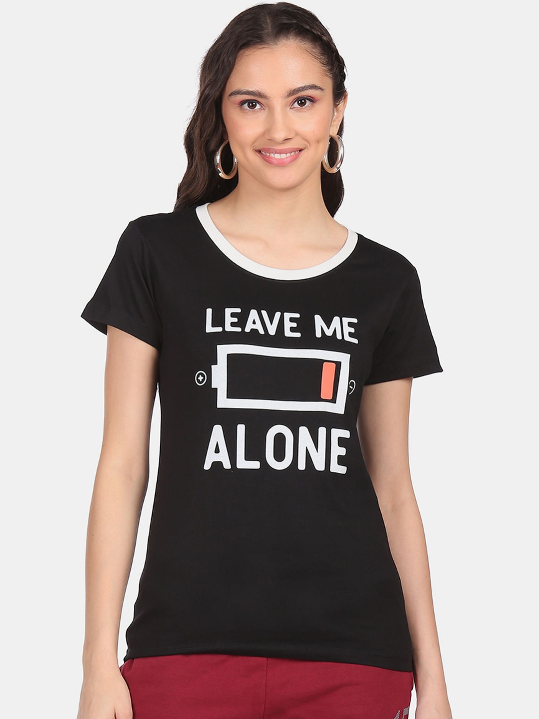 

Sugr Women Black & White Typography Printed Cotton T-shirt