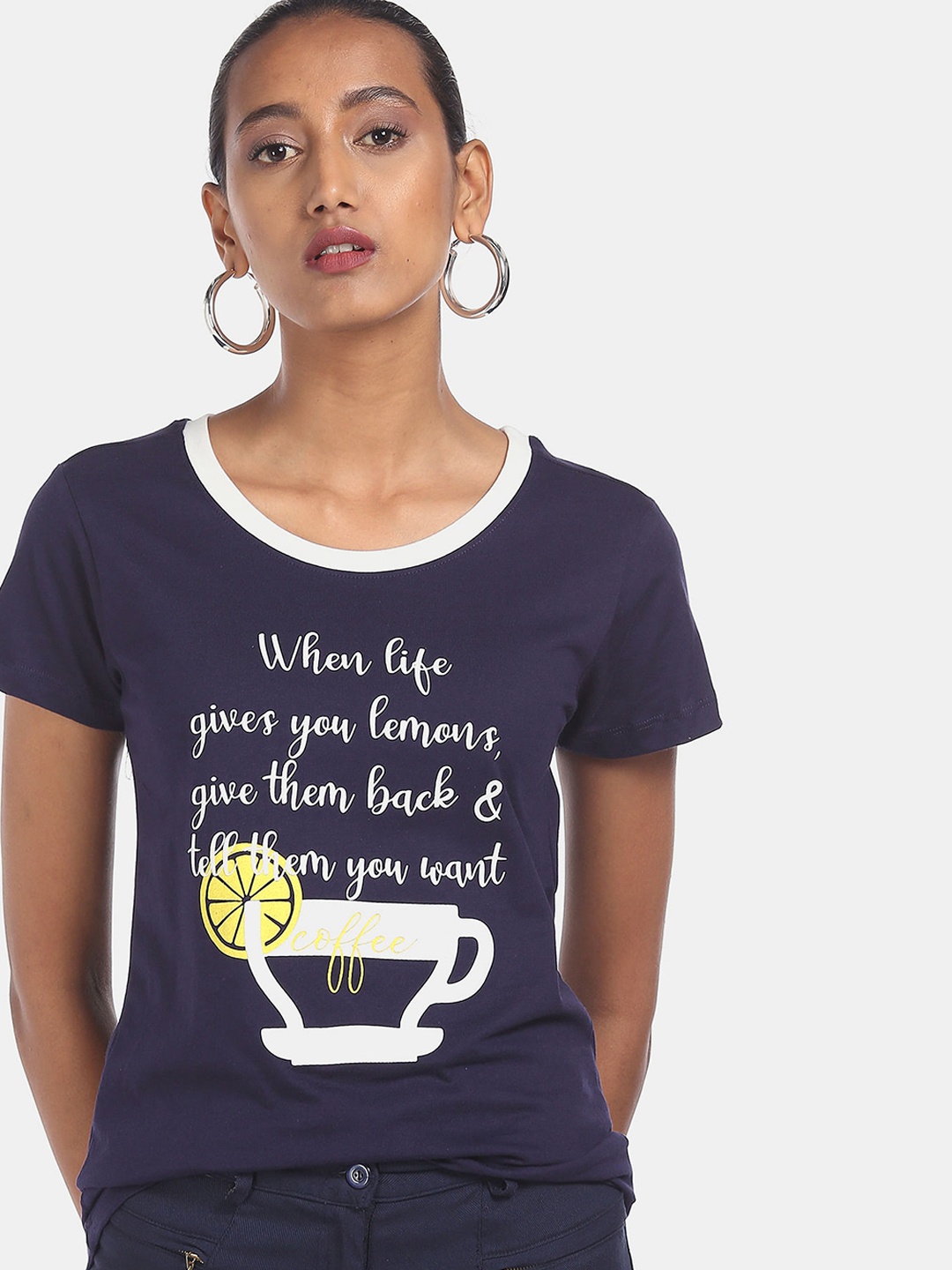 

Sugr Women Blue Typography Printed Cotton T-shirt