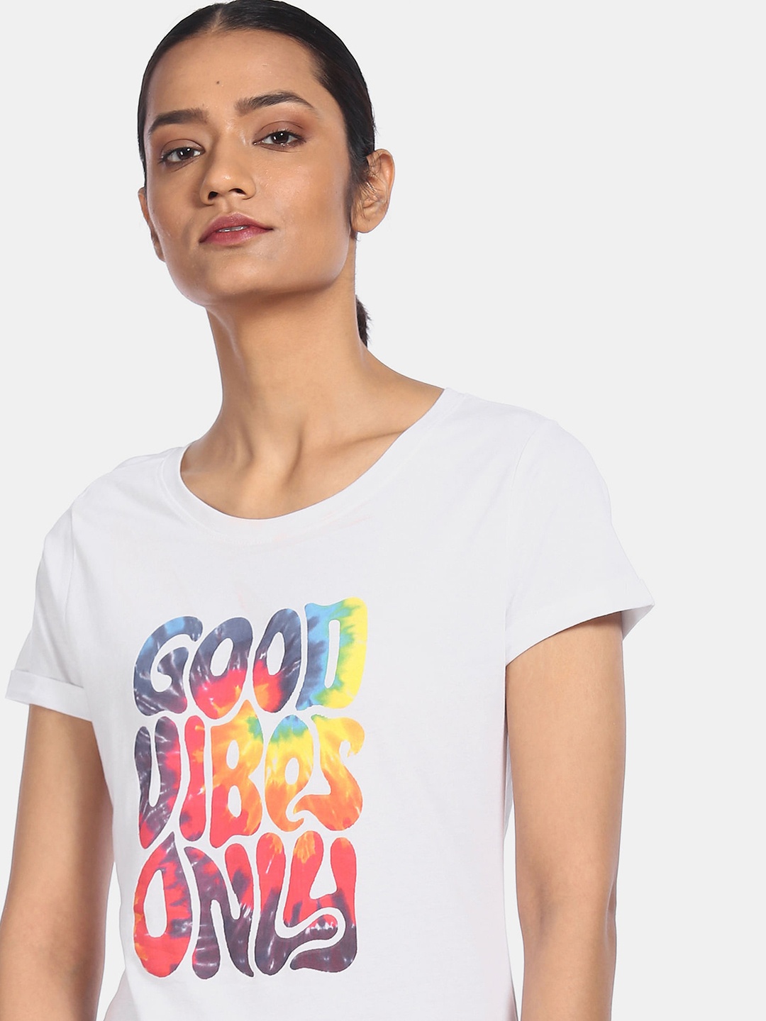 Sugr Women White Typography Printed Cotton T-shirt