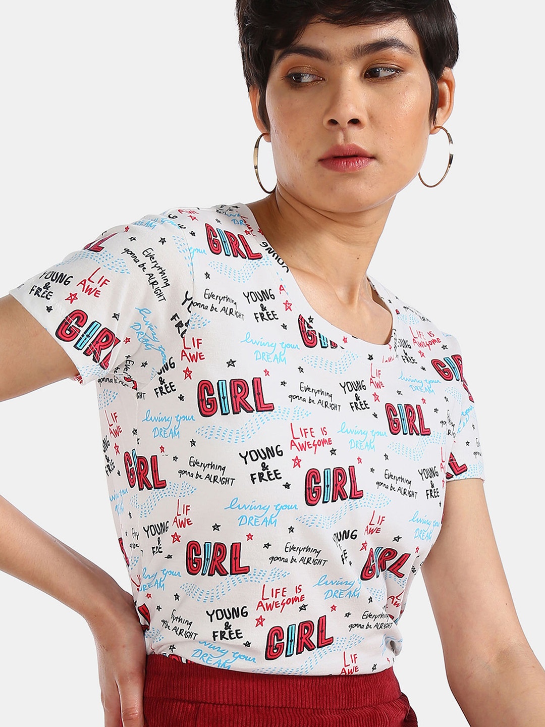 

Sugr Women White Typography Printed Cotton T-shirt