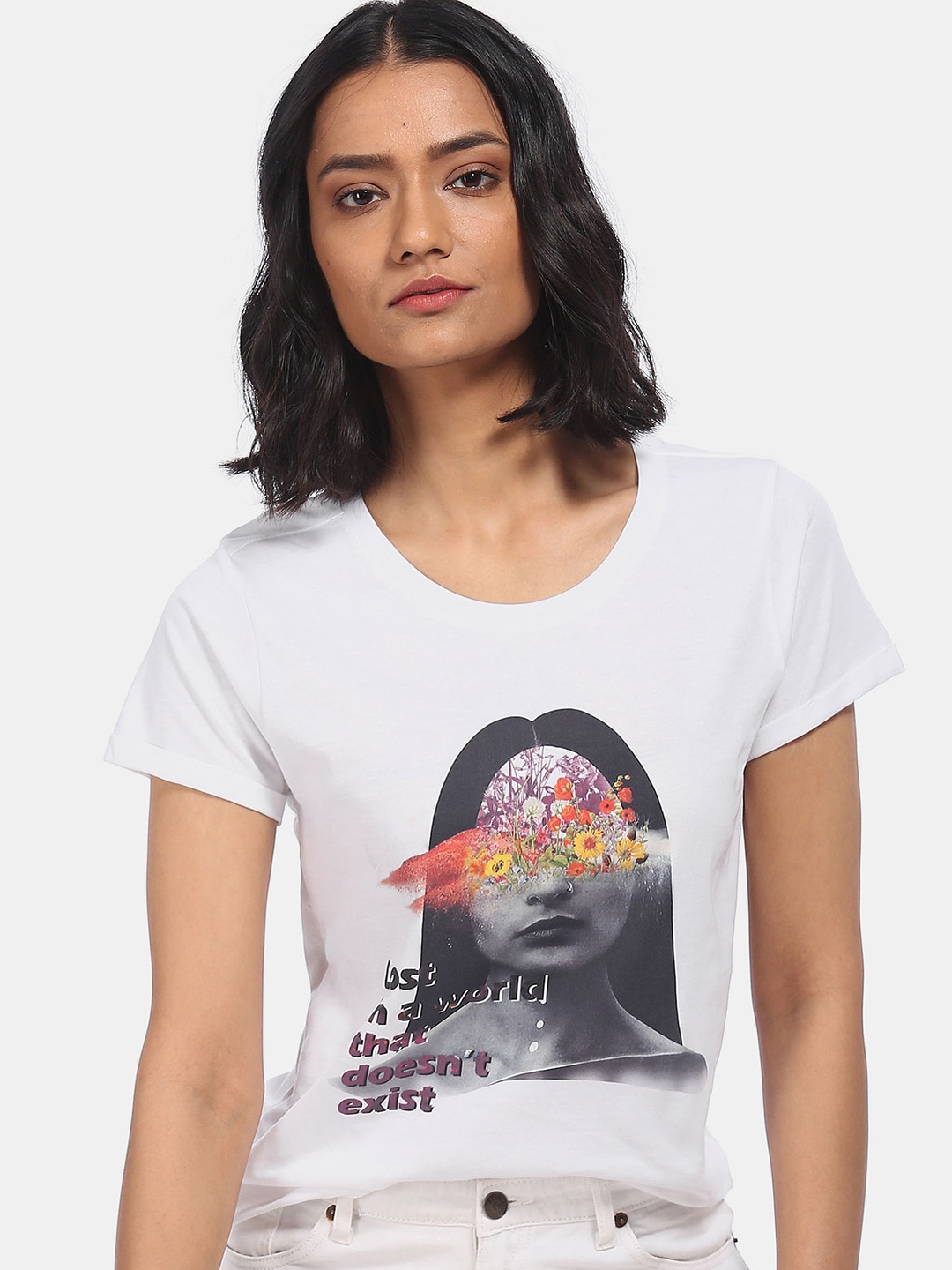 

Sugr Women White & Black Printed Cotton T-shirt