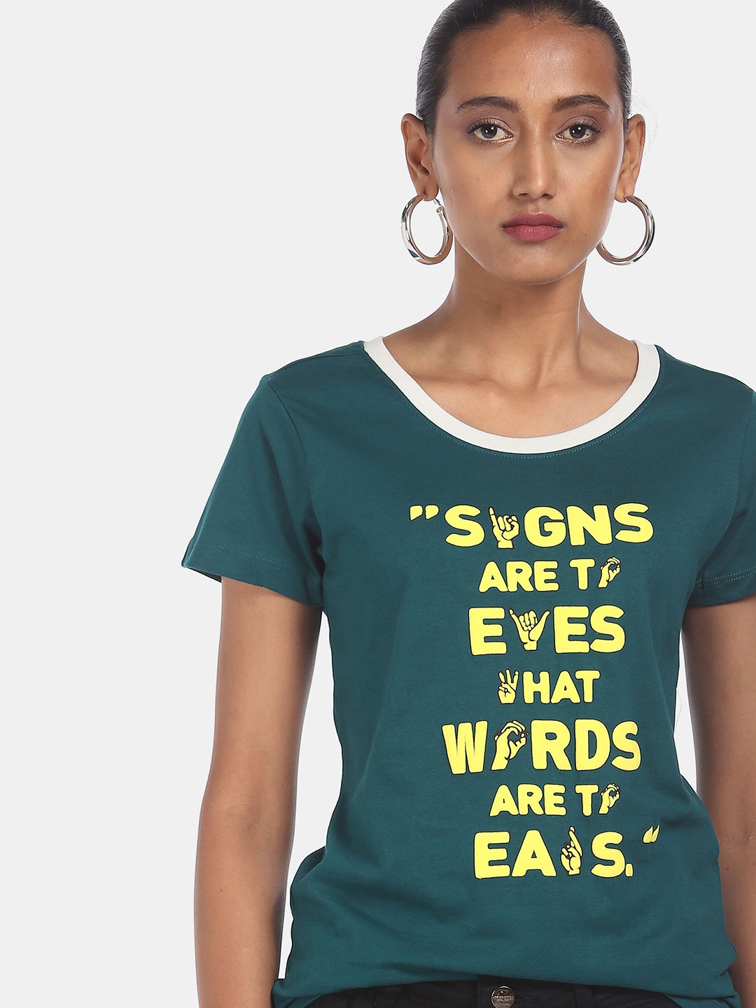

Sugr Women Green & Yellow Typography Printed Cotton T-shirt