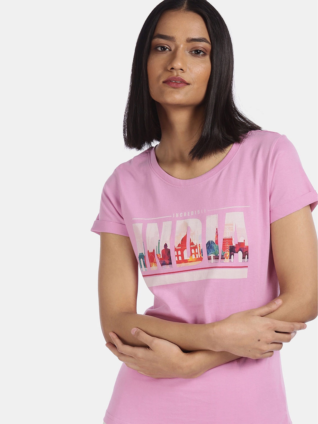 

Sugr Women Pink & White Typography Printed Cotton T-shirt