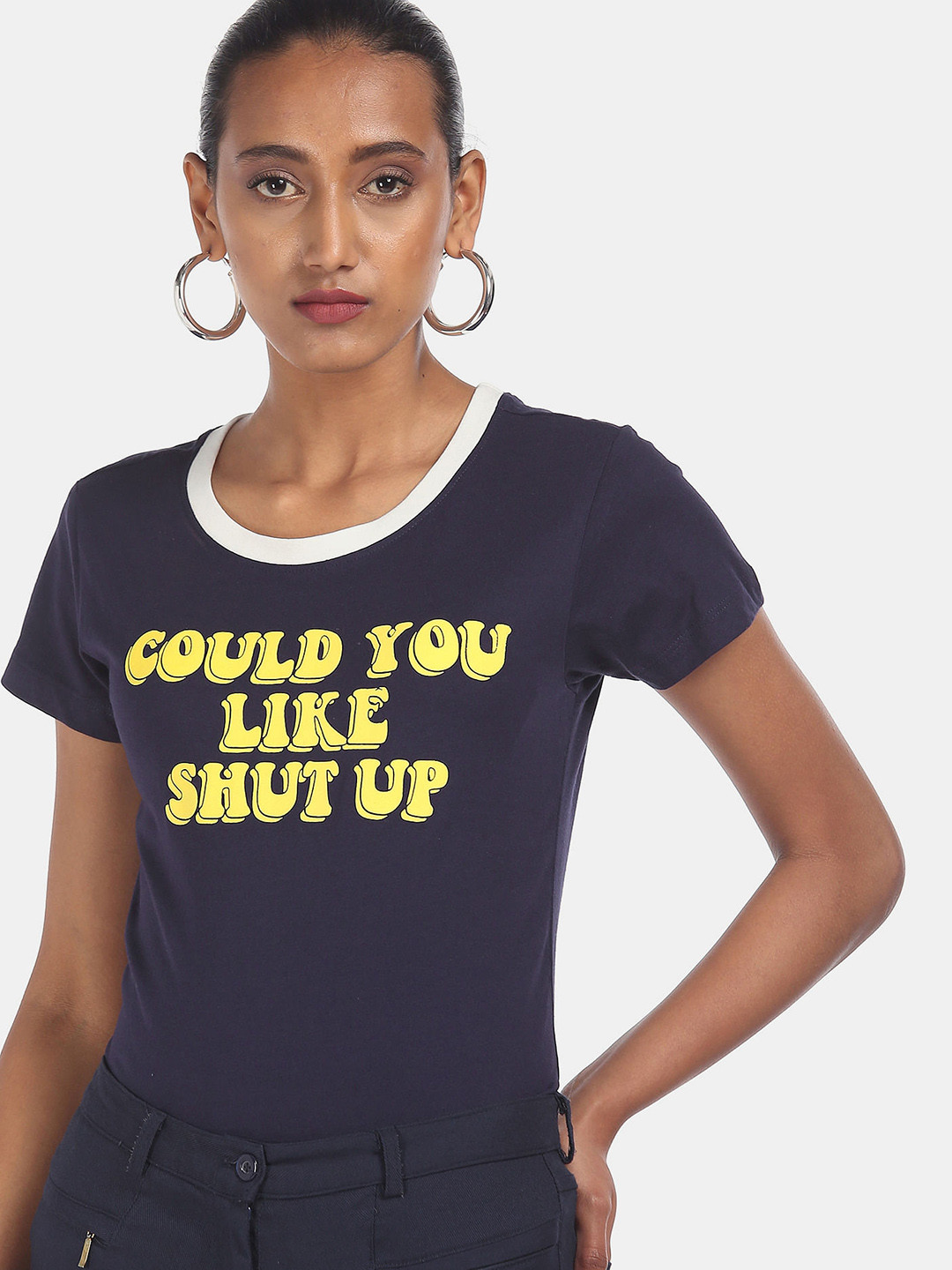 

Sugr Women Blue & Yellow Typography Printed Cotton T-shirt