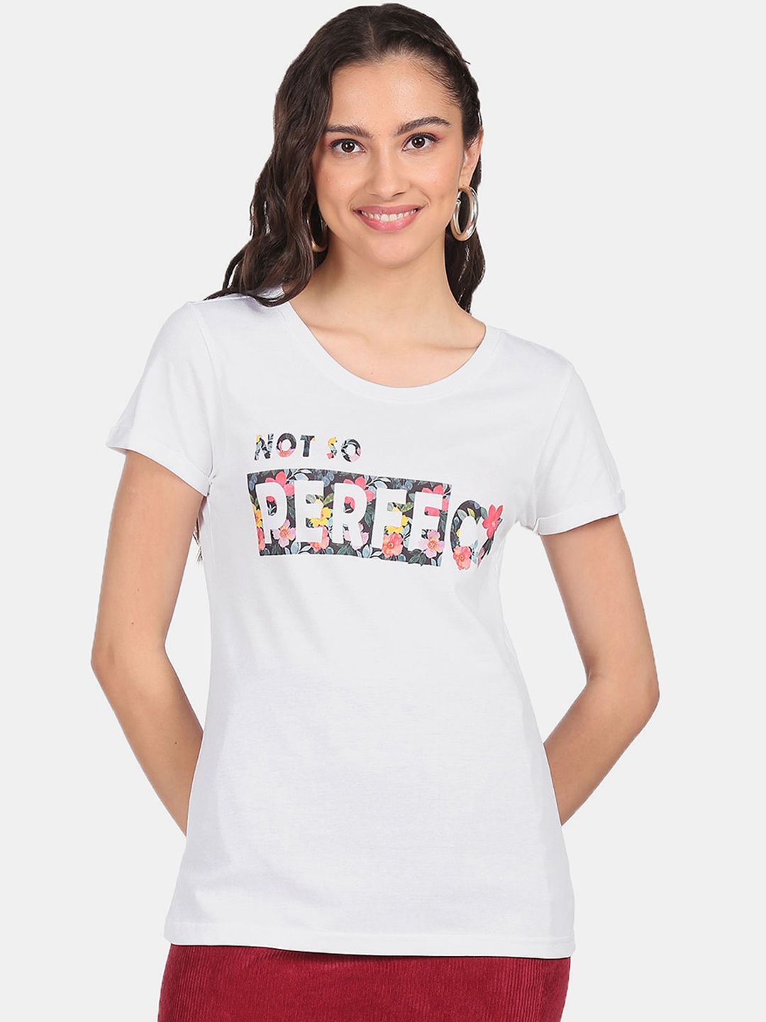 

Sugr Women White & Blue Typography Printed Cotton T-shirt