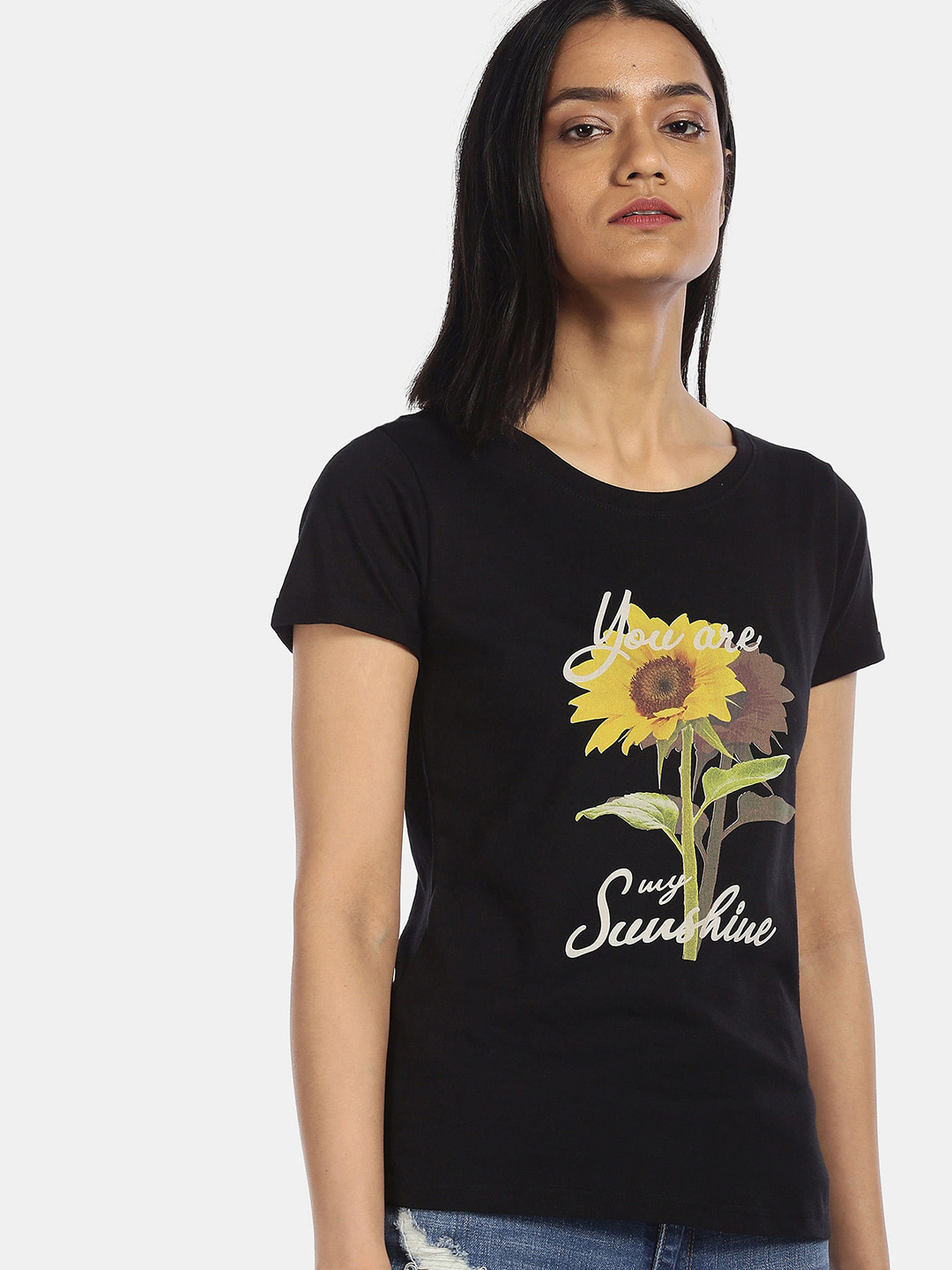 

Sugr Women Black Printed Cotton T-shirt