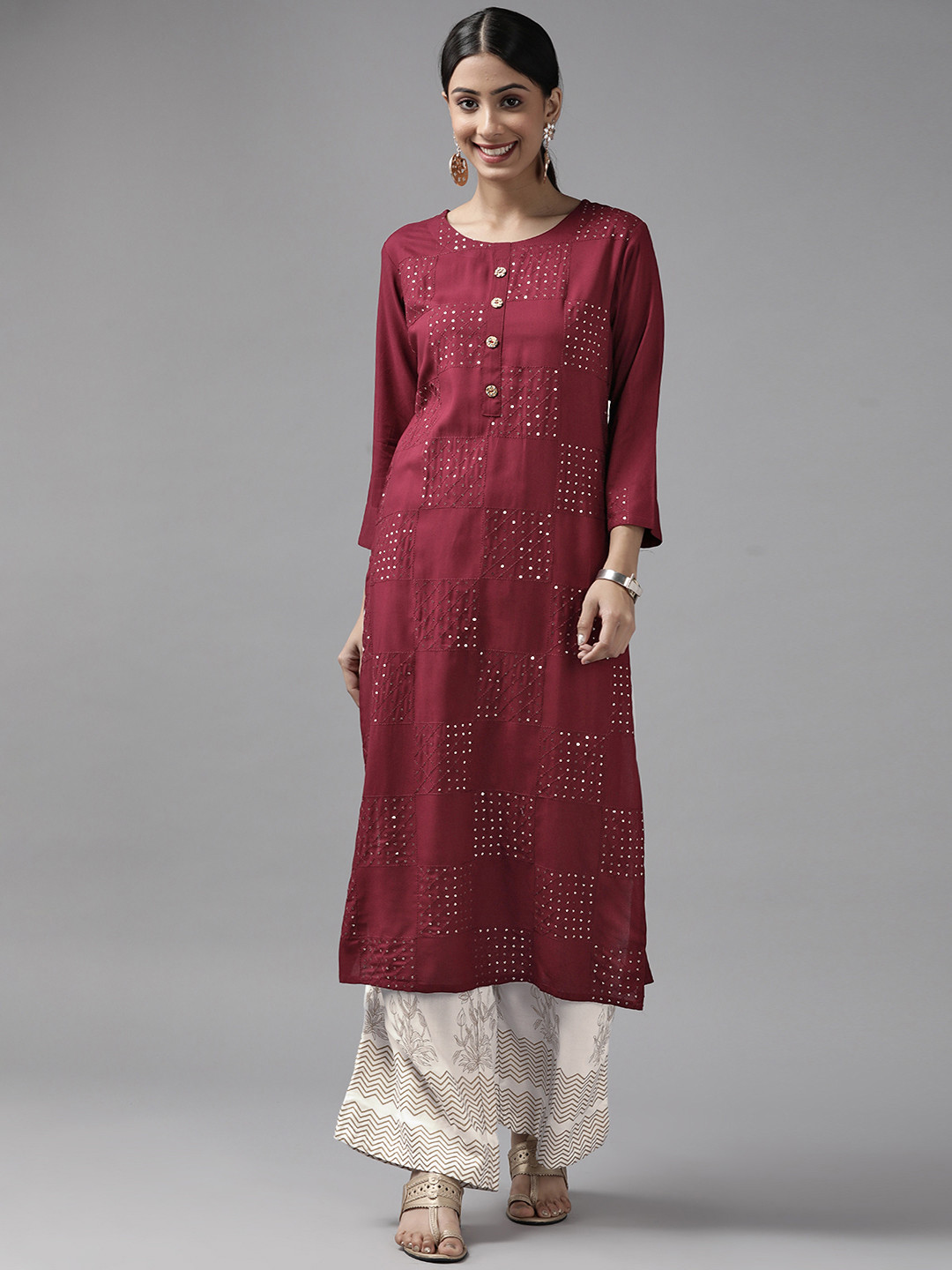

Yufta Women Maroon Floral Embroidered Sequinned Kurta with Palazzos