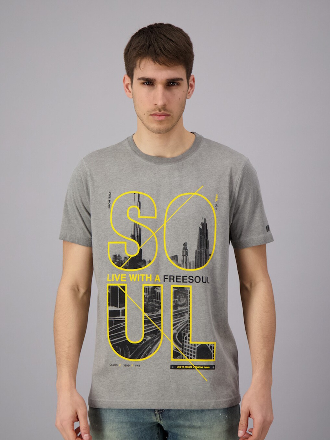 FREESOUL Men Grey Typography Printed Pure Cotton T-shirt