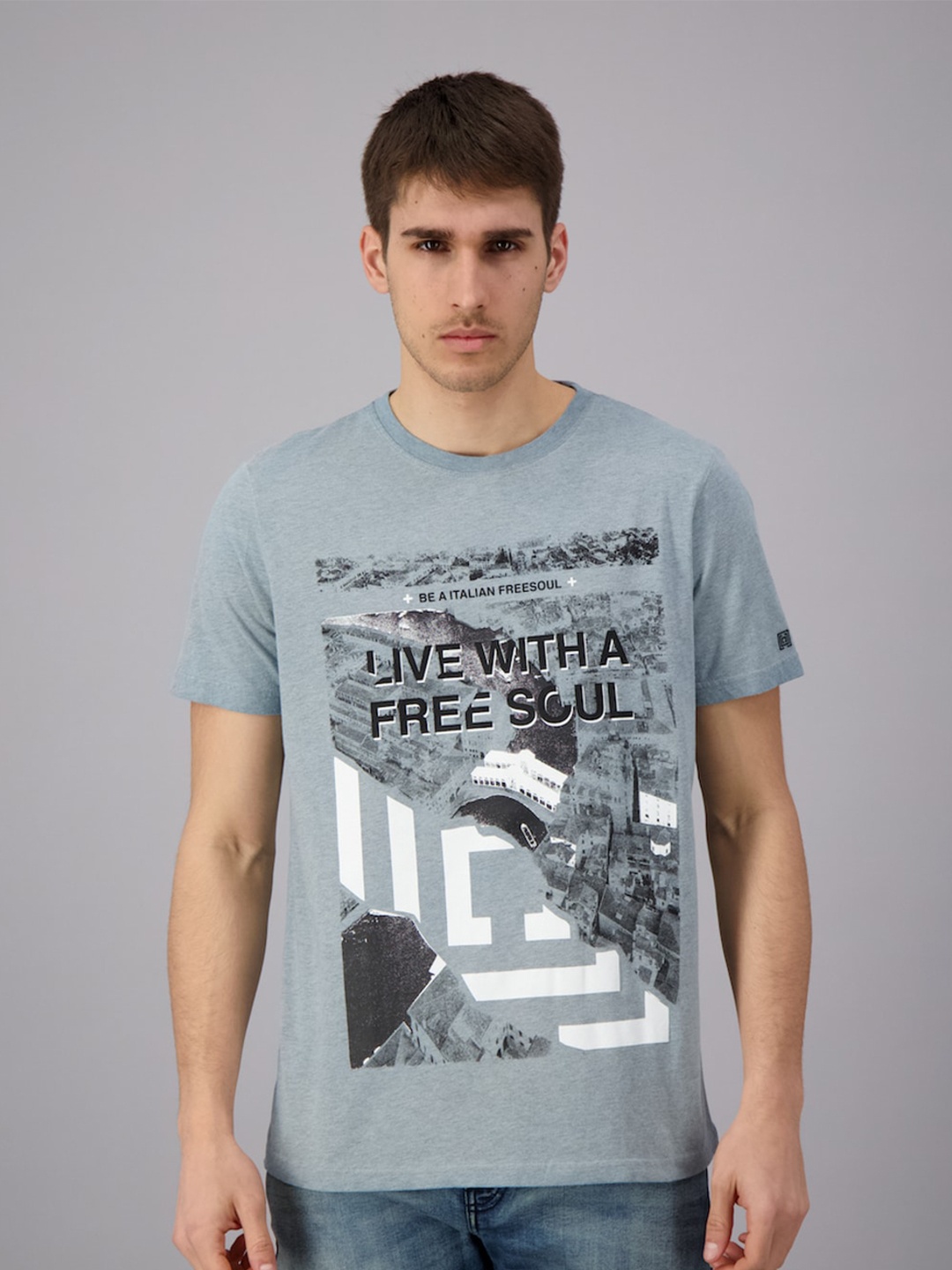 

FREESOUL Men Blue Printed Raw Edge T-shirt
