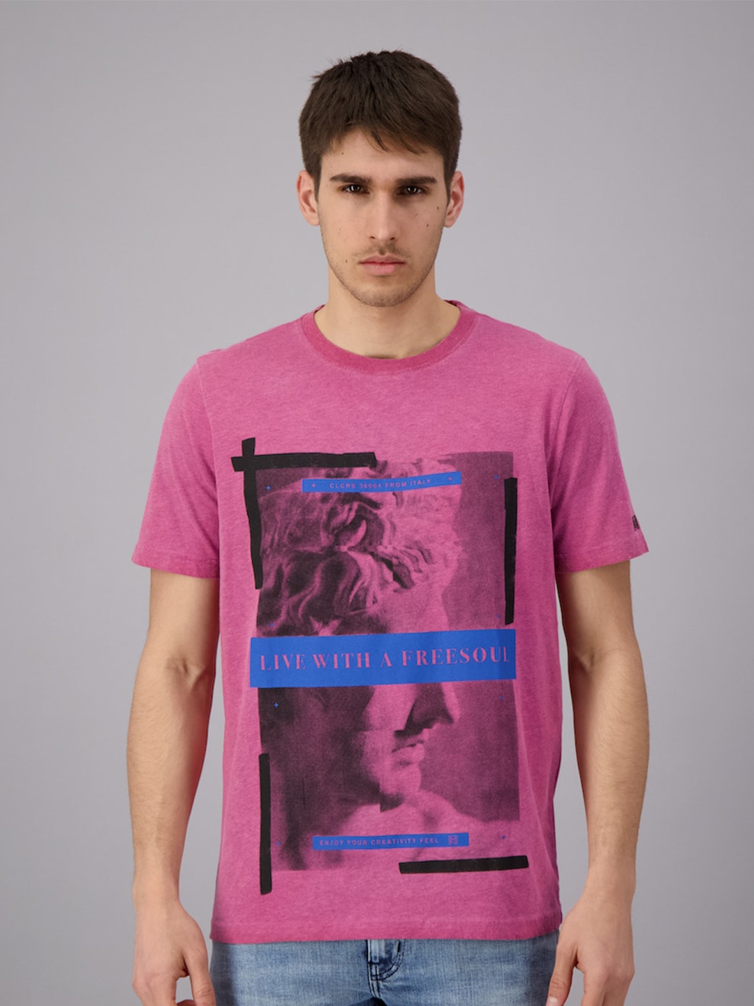 

FREESOUL Men Magenta Graphic Printed Pure Cotton T-shirt