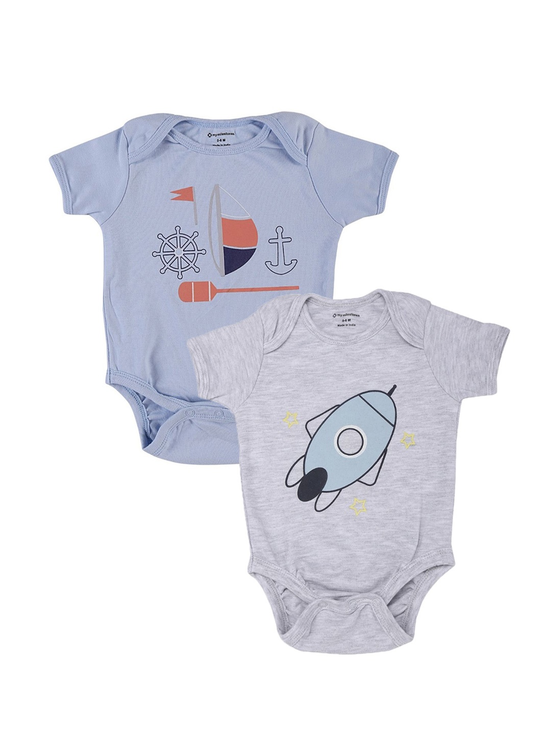 

My Milestones Boys Pack of 2 Printed Cotton Bodysuits, Grey