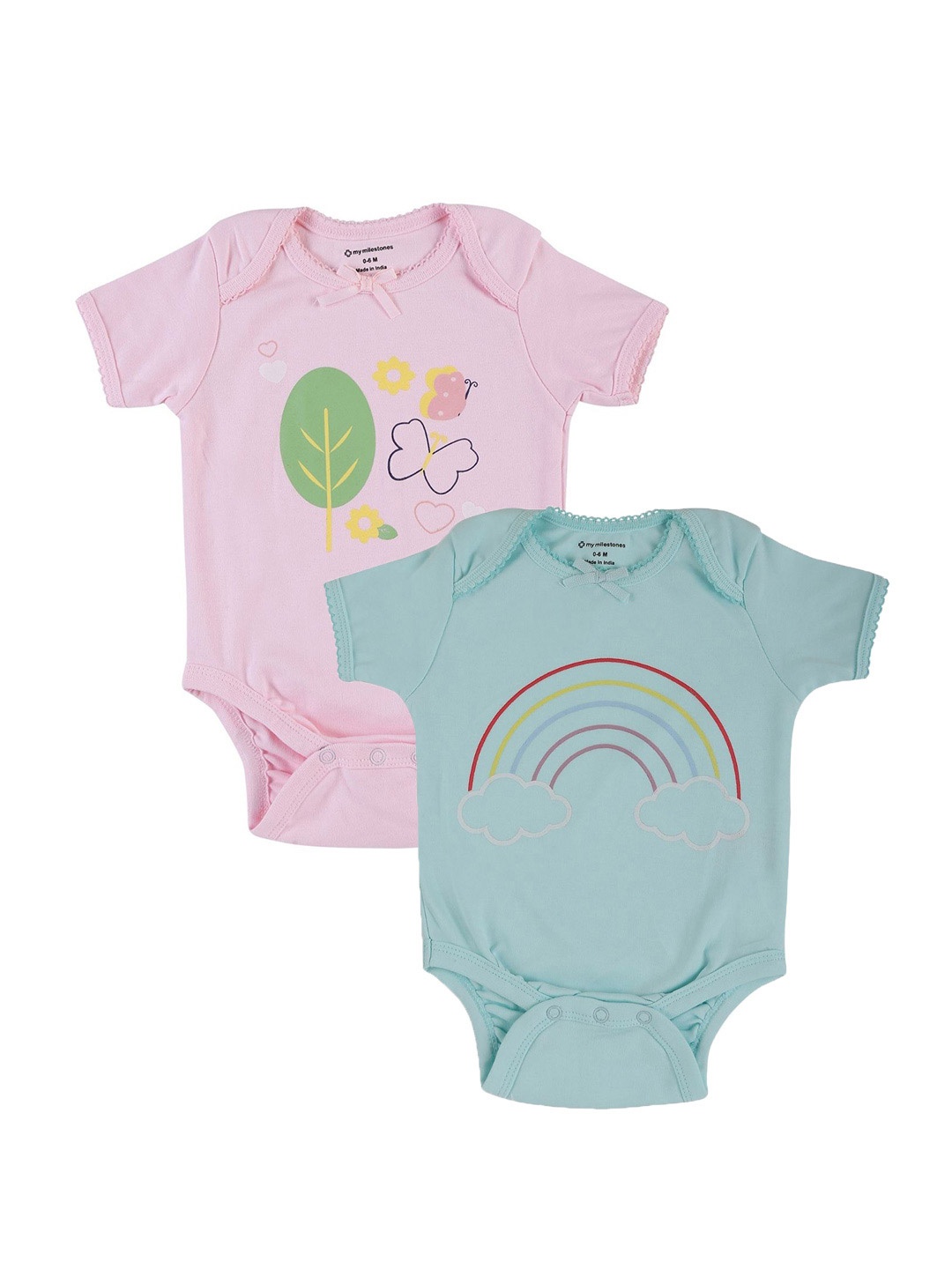 

My Milestones Infants Girls Pack of 2 Pink & Green Printed Pure Cotton Bodysuits