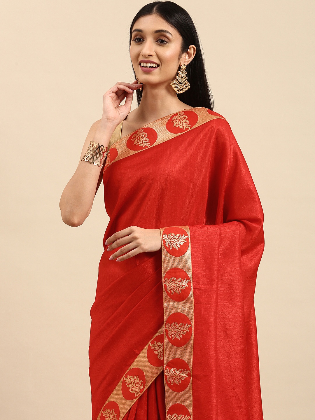 

Anouk Red & Golden Solid Saree with Woven Design Border