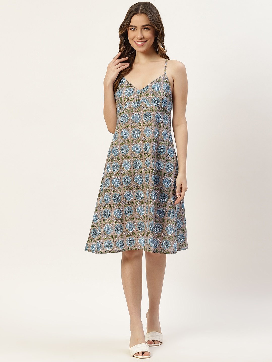 

Molcha Taupe & Blue Ethnic Motifs Printed Cotton A-Line Dress