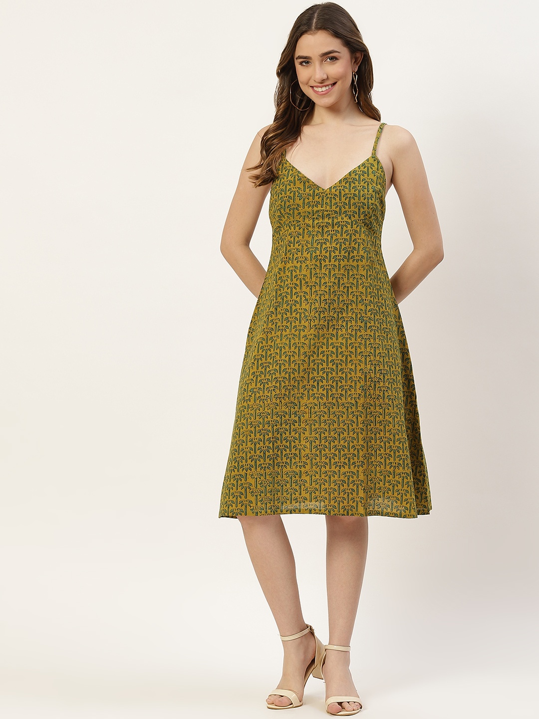 

Molcha Olive Green Ethnic Print Cotton A-Line Dress
