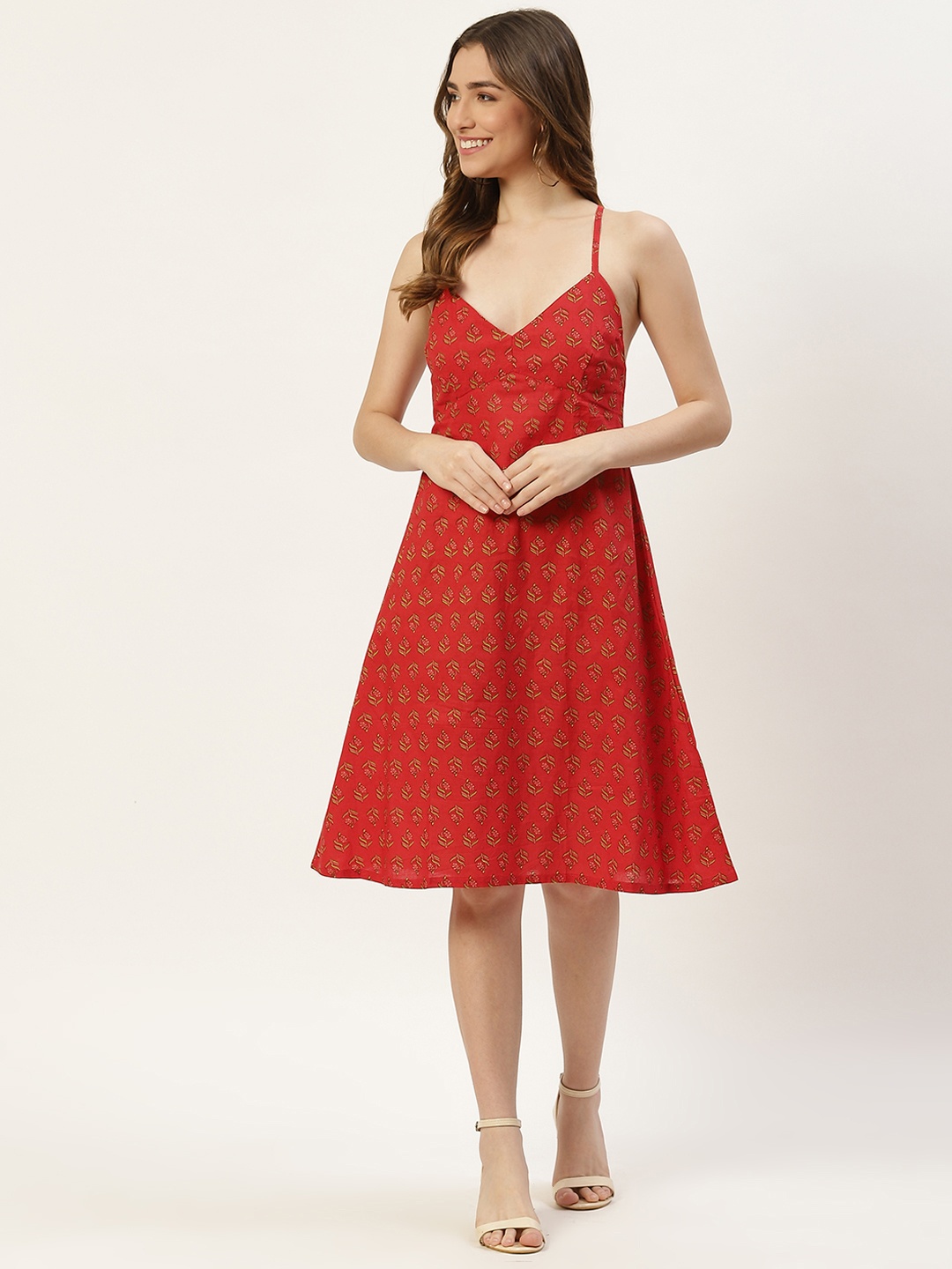 

Molcha Rust Red Ethnic Motifs Print Cotton A-Line Dress