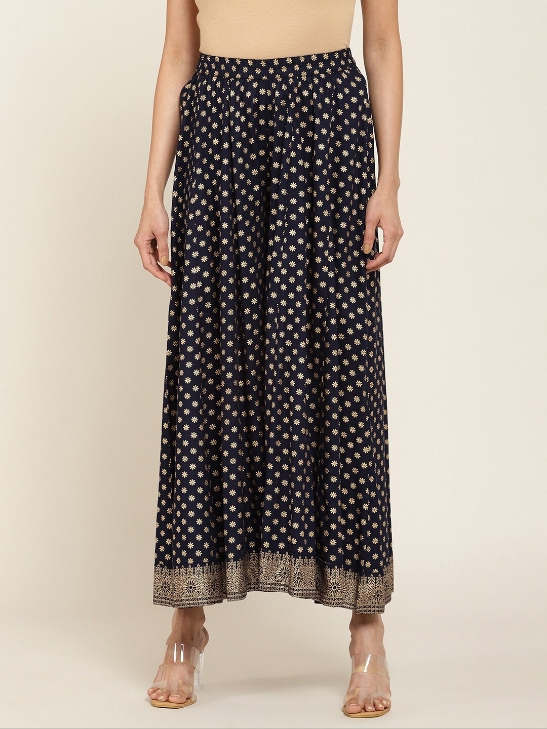 

Soch Women Navy Blue & Gold-Toned Floral Printed Flared Ethnic Palazzo