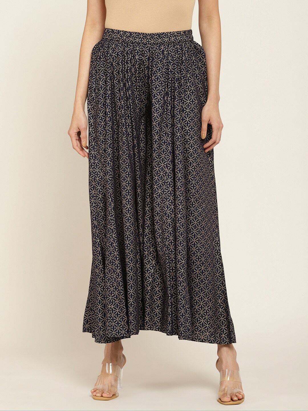 

Soch Women Navy Blue & Gold-Toned Rayon Printed Flared Ethnic Palazzos