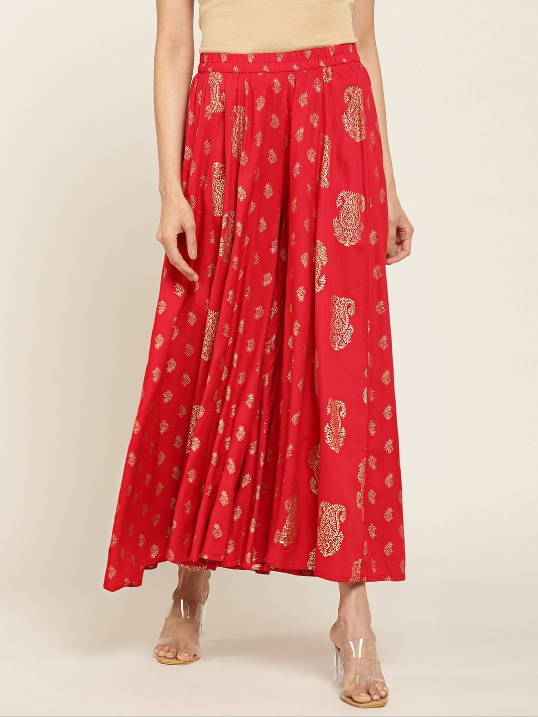 

Soch Women Red & Gold-Toned Floral Printed Flared Ethnic Rayon Palazzos