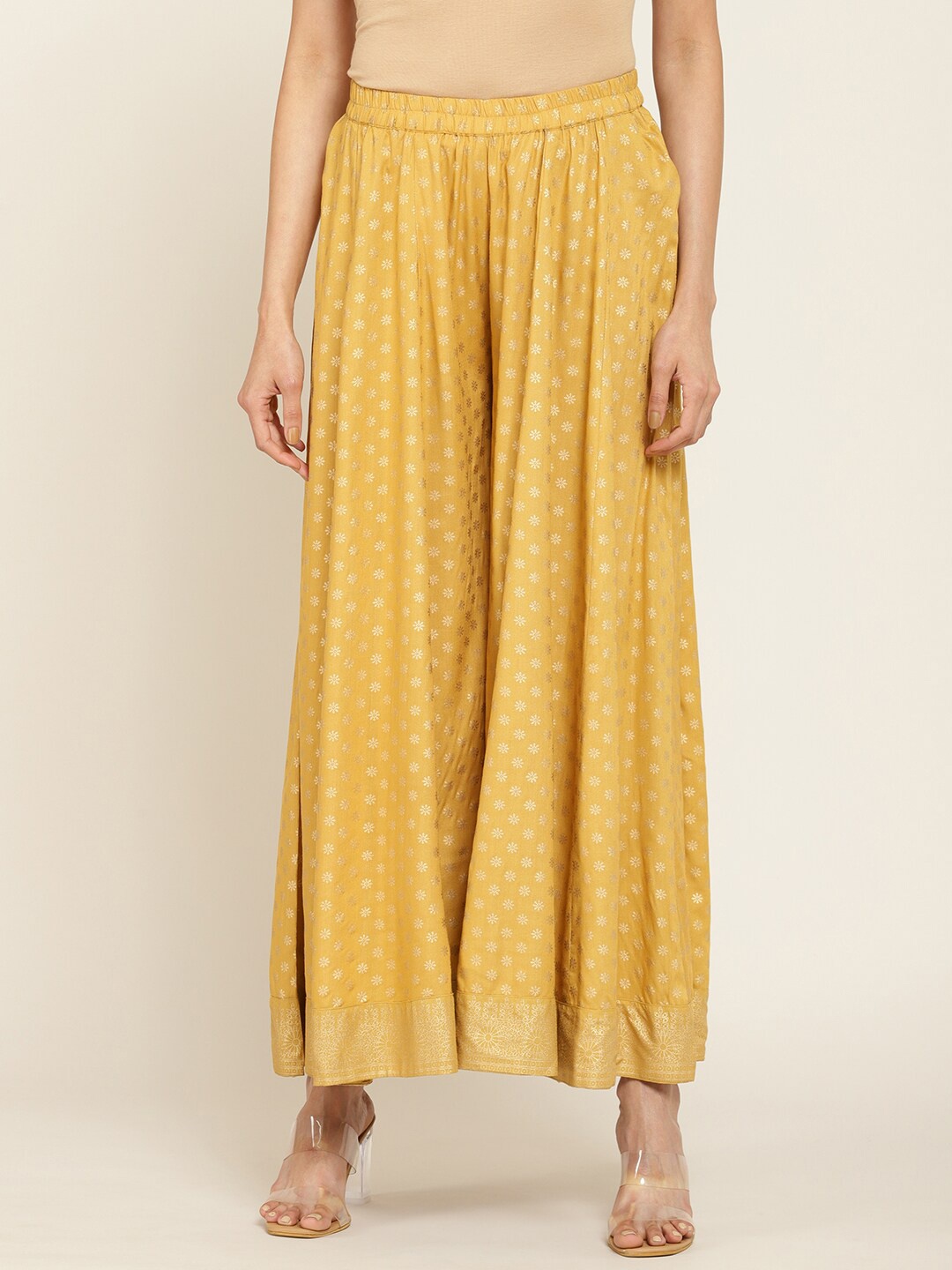 

Soch Women Gold-Toned Floral Printed Ethnic Rayon Palazzos