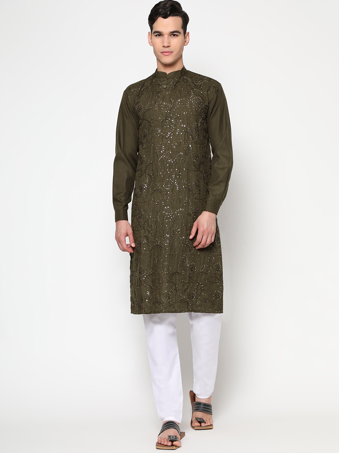 

Tasarika Men Olive Green Embroidered Sequinned Pure Cotton Kurta with Pyjamas