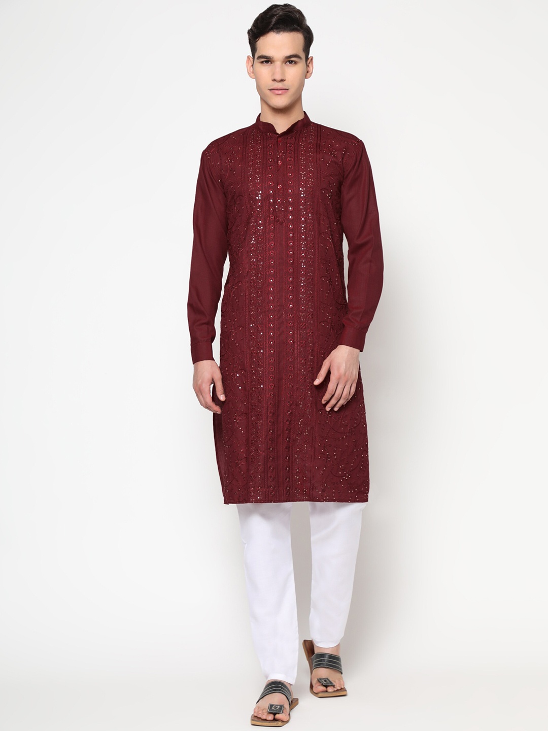 

Tasarika Men Maroon Embroidered Sequinned Pure Cotton Kurta Set