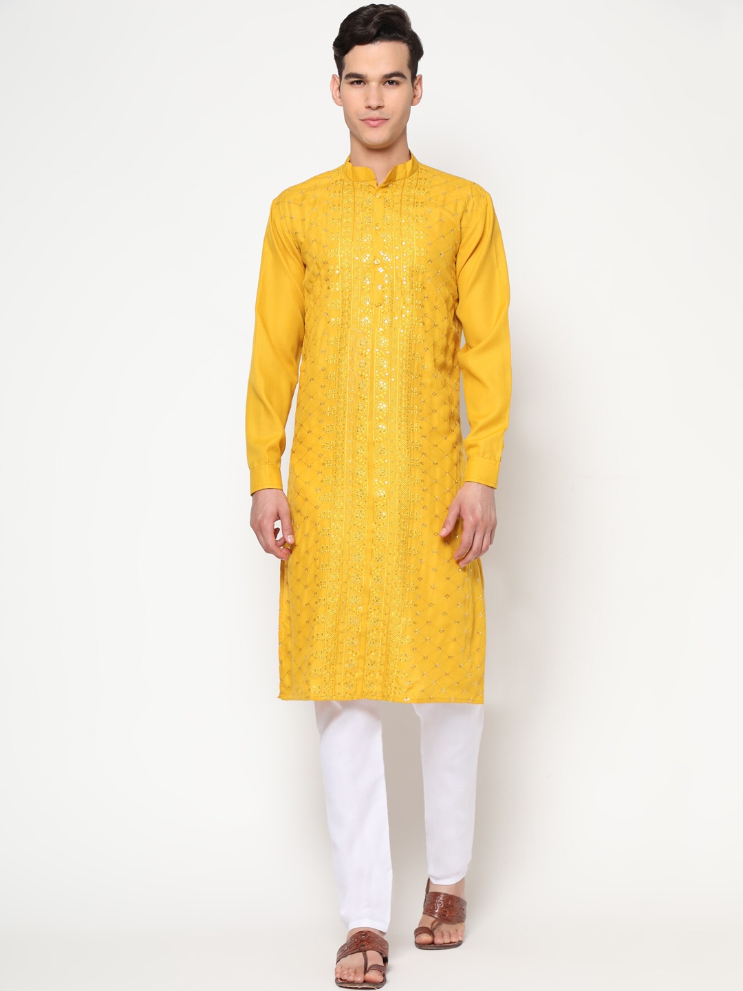 

Tasarika Men Yellow Floral Embroidered Sequinned Pure Cotton Kurta with Pyjamas