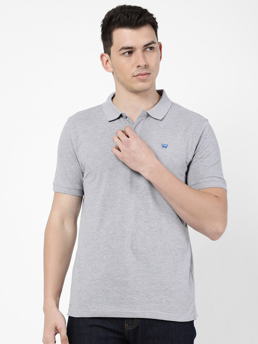 

Wrangler Men Grey Solid Polo Collar Cotton T-shirt