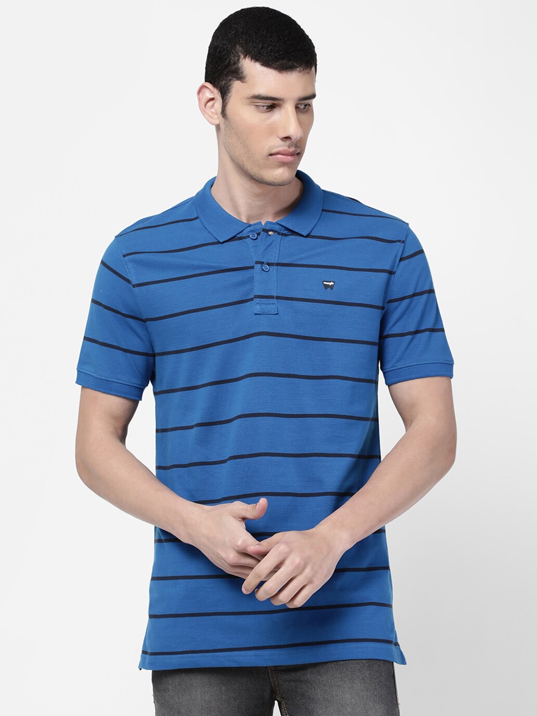 

Wrangler Men Blue Striped Polo Collar Regular Fit Cotton T-shirt