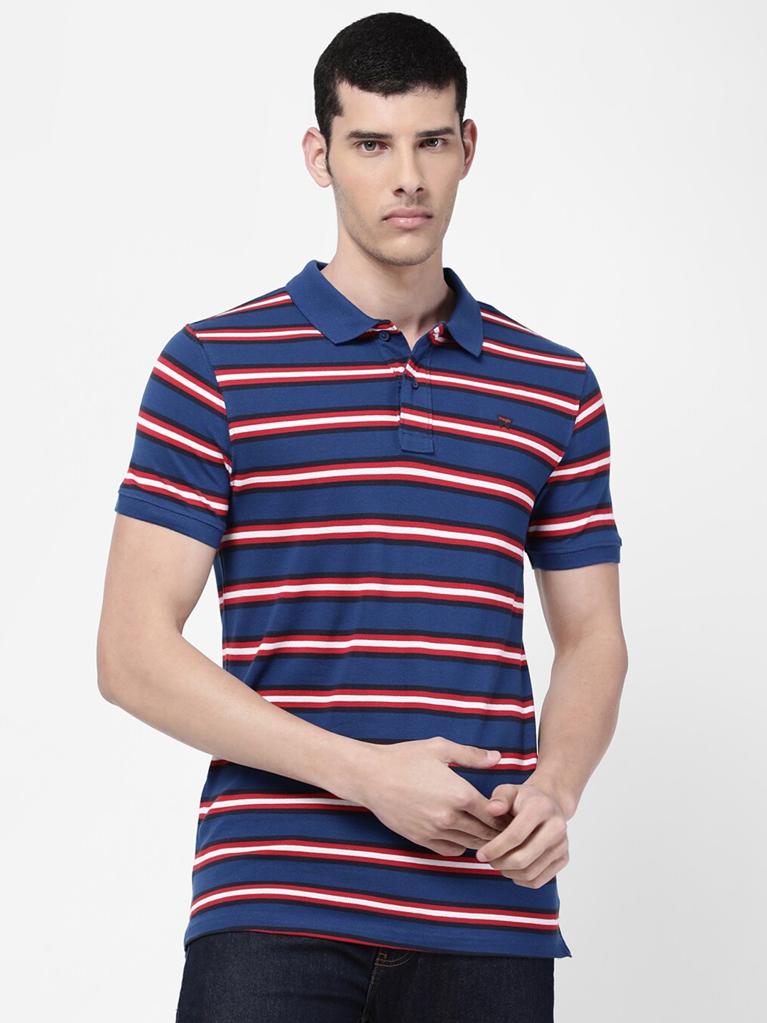 

Wrangler Men Blue Striped Polo Collar Cotton T-shirt