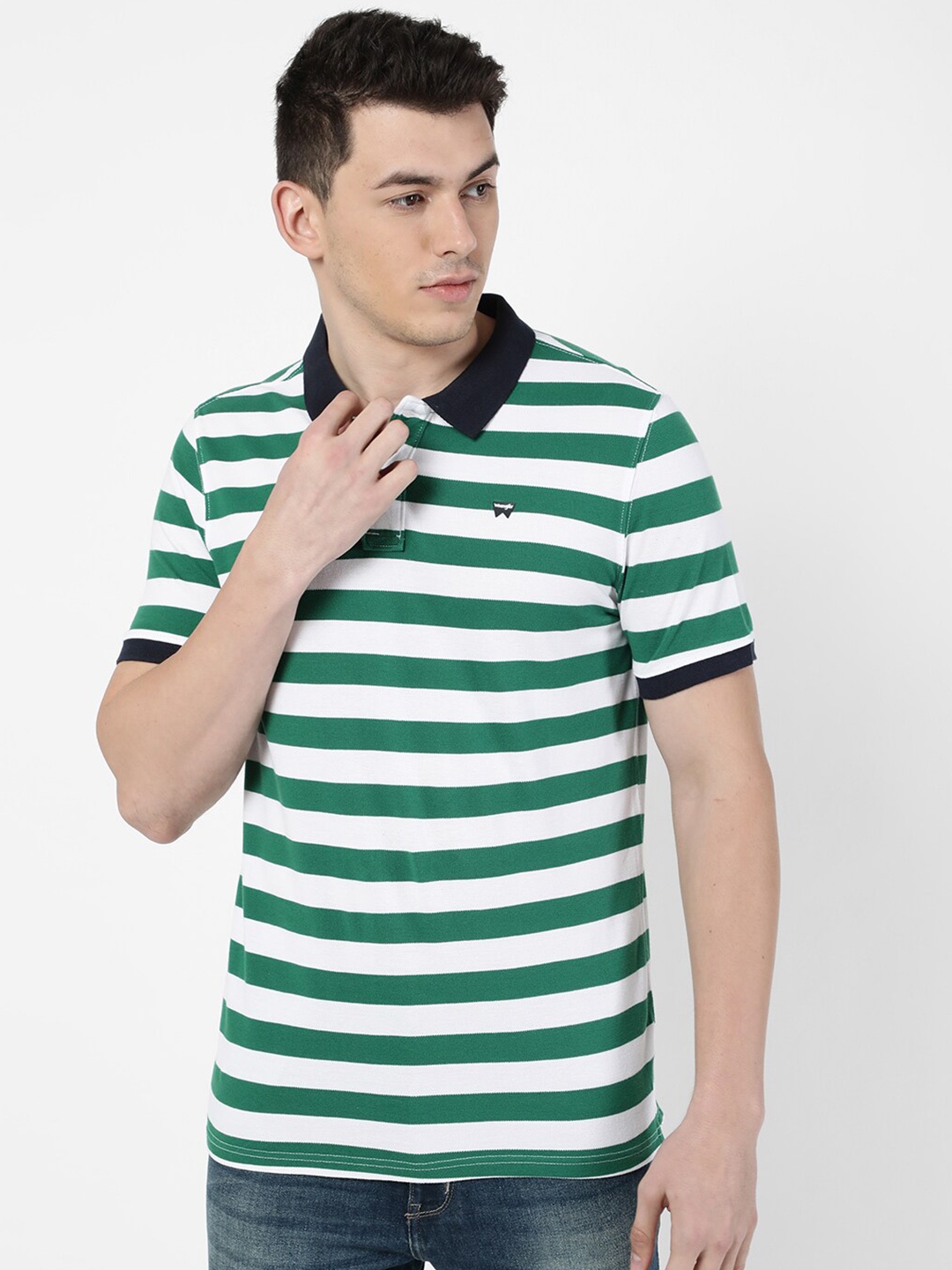 

Wrangler Men Green & White Striped Polo Collar T-shirt