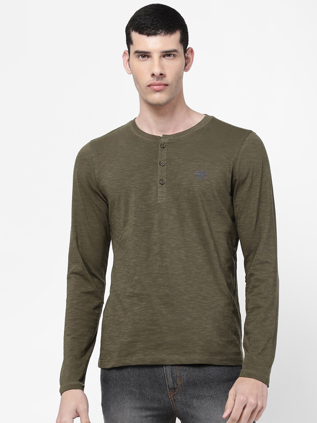 

Wrangler Men Olive Green Henley Neck Regular Fit Cotton T-shirt