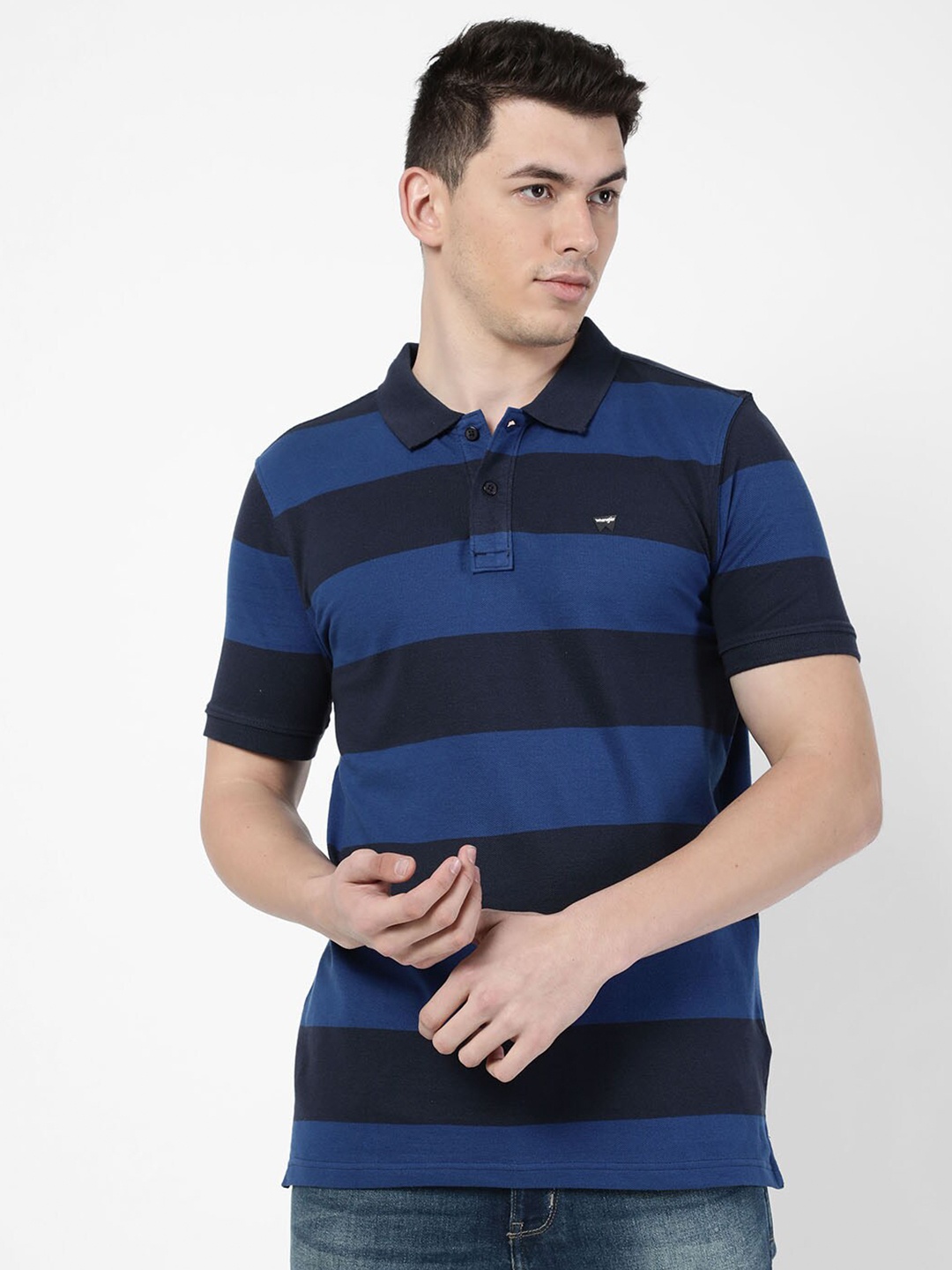 

Wrangler Men Blue Striped Polo Collar Regular Fit Cotton T-shirt