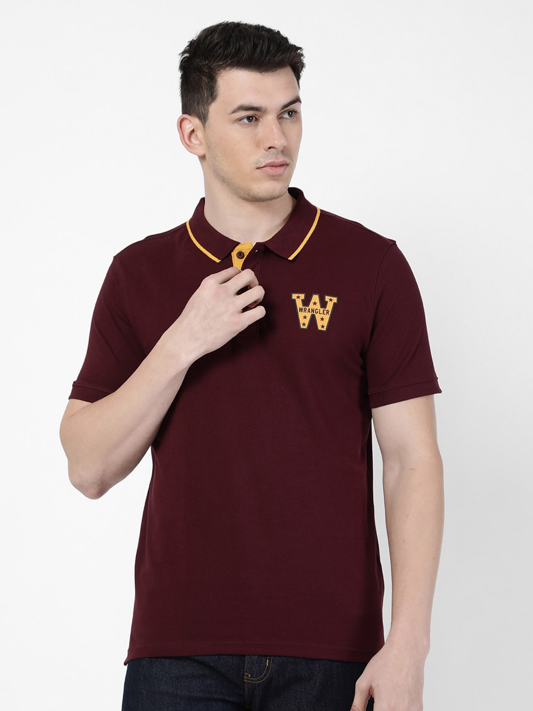

Wrangler Men Purple Polo Collar Applique T-shirt