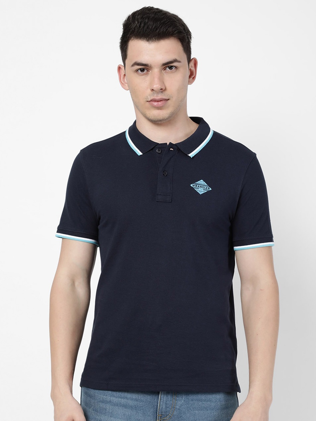 

Wrangler Men Navy Blue Polo Collar Regular Fit Cotton T-shirt