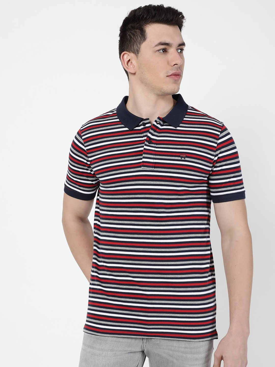 

Wrangler Men Blue & Maroon Striped Polo Collar Regular Fit Cotton T-shirt